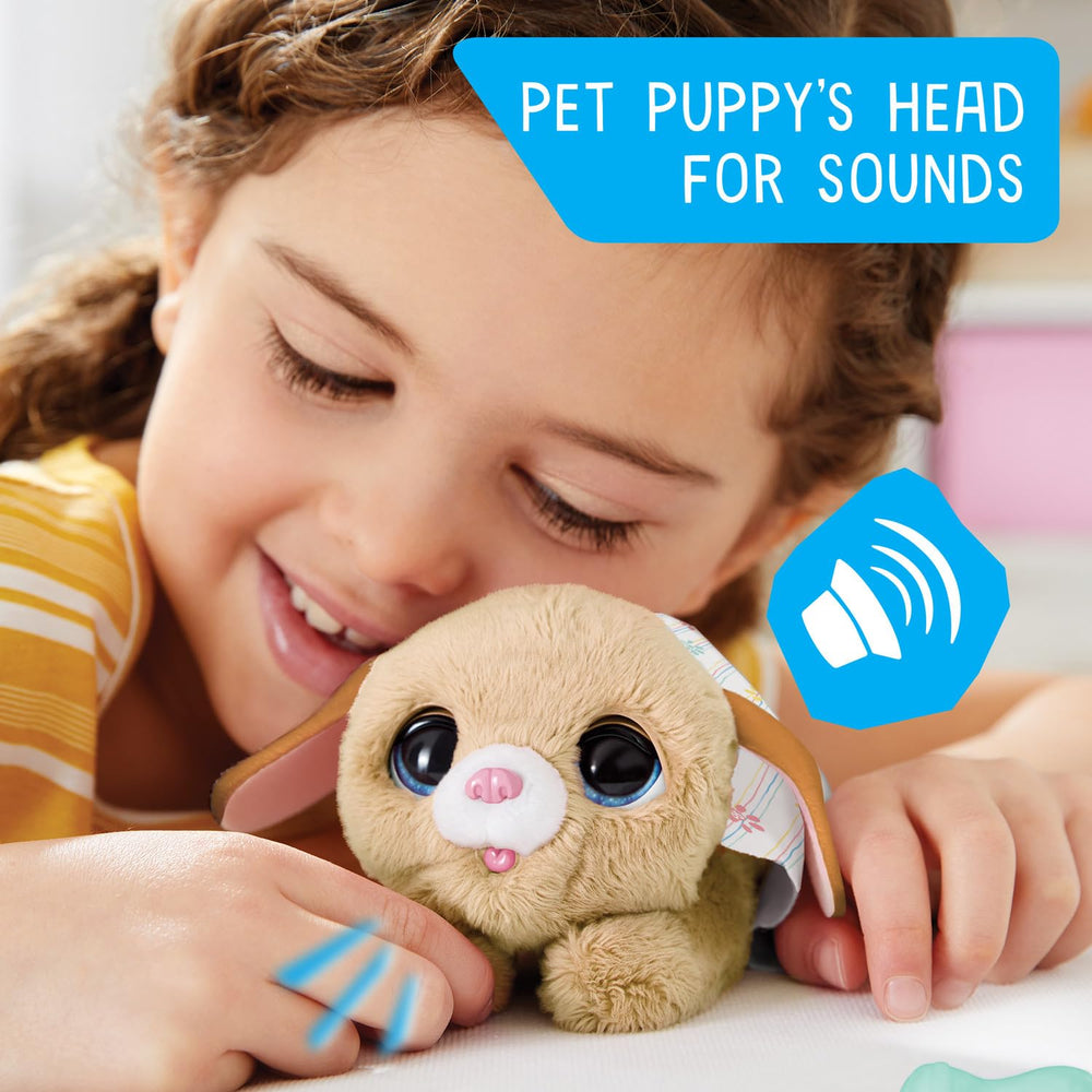 Just Play furReal puppy in child's lap demonstrating portable play fun
