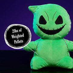 Just Play Oogie Boogie plush in glowstick-green fabric for sensory comfort.