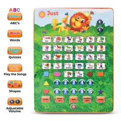 Just Smarty Alphabet Tablet child using tablet on car trip for portable learning.