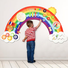 Justforjoyful 5ft Sunshine Rainbow Wall Panel demonstrates bright tactile play and easy wall mounting benefits.