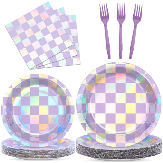 Justforjoyful iridescent 9-inch plates shine with purple checkered pattern for festive table decor