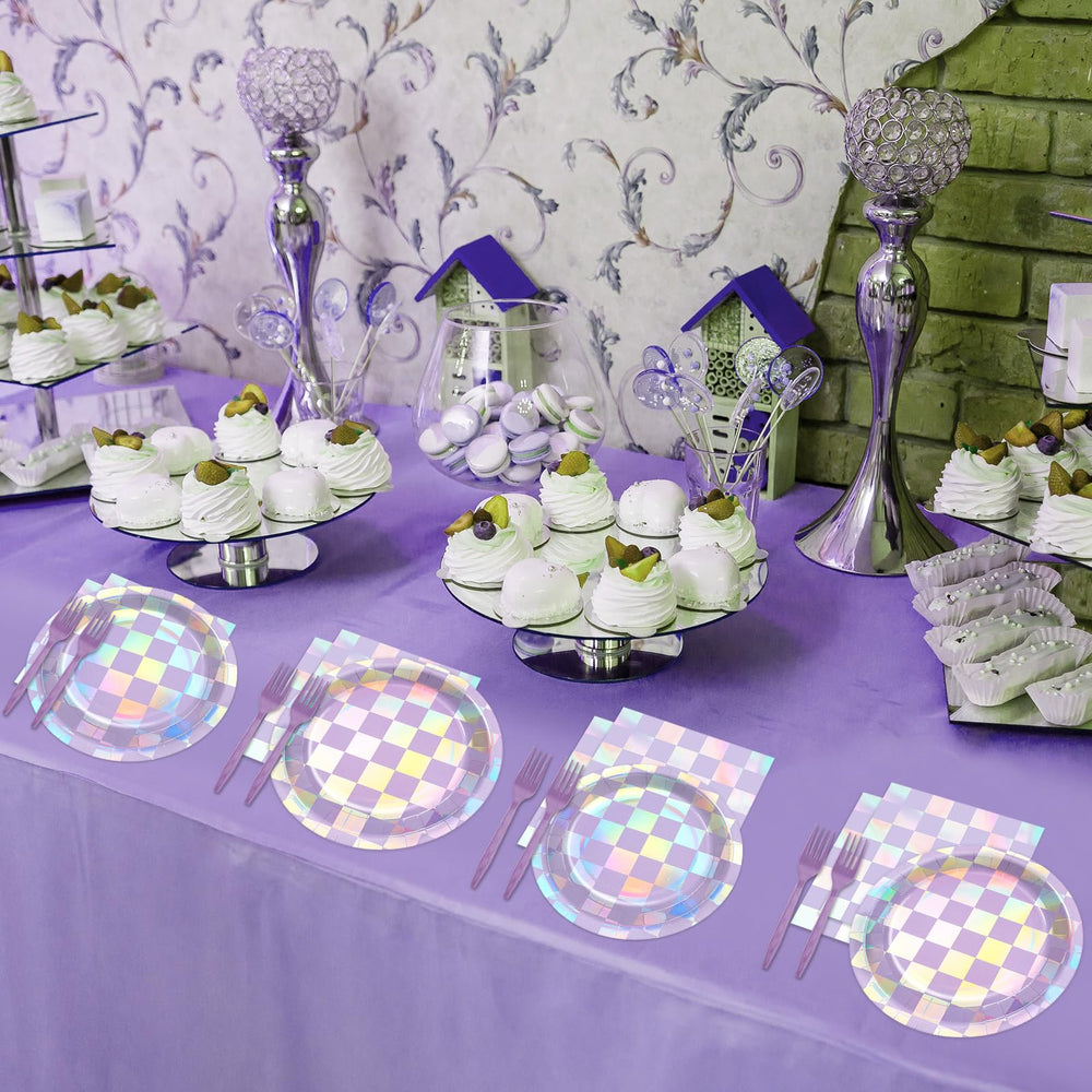 Justforjoyful purple checkered tableware setup for coordinated party styling