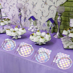 Justforjoyful purple checkered tableware setup for coordinated party styling
