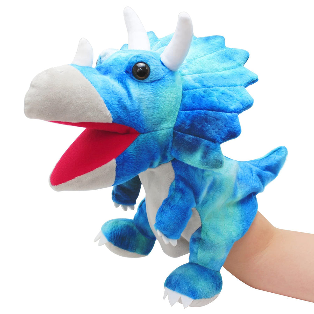 JUSTQUNSEEN dinosaur puppet face detail with bright eyes for storytelling.