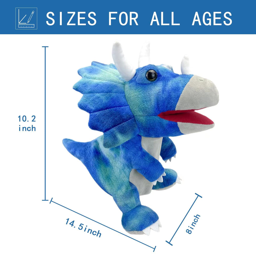 JUSTQUNSEEN dinosaur puppet side view shows soft fabric and kid-friendly design.