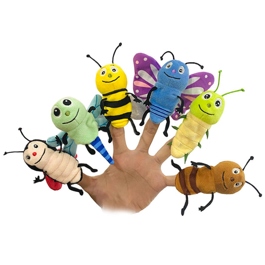 JUSTQUNSEEN six-piece insect finger puppets for storytelling and role-play.