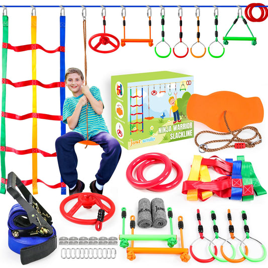 Just.smile Ninja Slackline 52ft setup in backyard for active outdoor play.