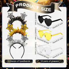 Jutom Happy New Year headbands in black, gold, silver for celebrations.