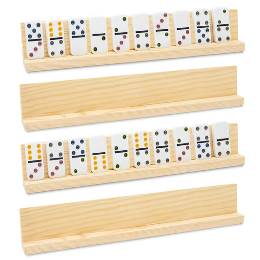 Juvale Dominoes Holders in natural wood display four upright trays for easy access.