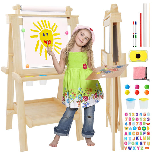 JUZBOT easel folded for compact storage in natural wood finish.