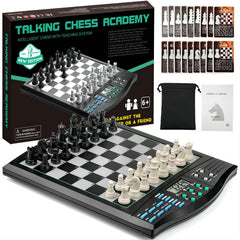 JWSCHESSSUN Talking Chess Academy board with magnetic pieces for quick, tactile play.