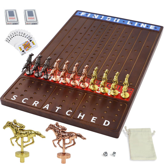 Jyquorp metal horse race board game top view in walnut finish for family play.