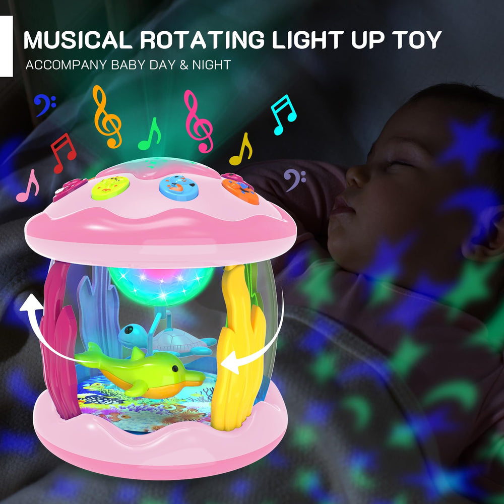 Jyusmile projection light on the floor helps protect baby's eyes while engaging.