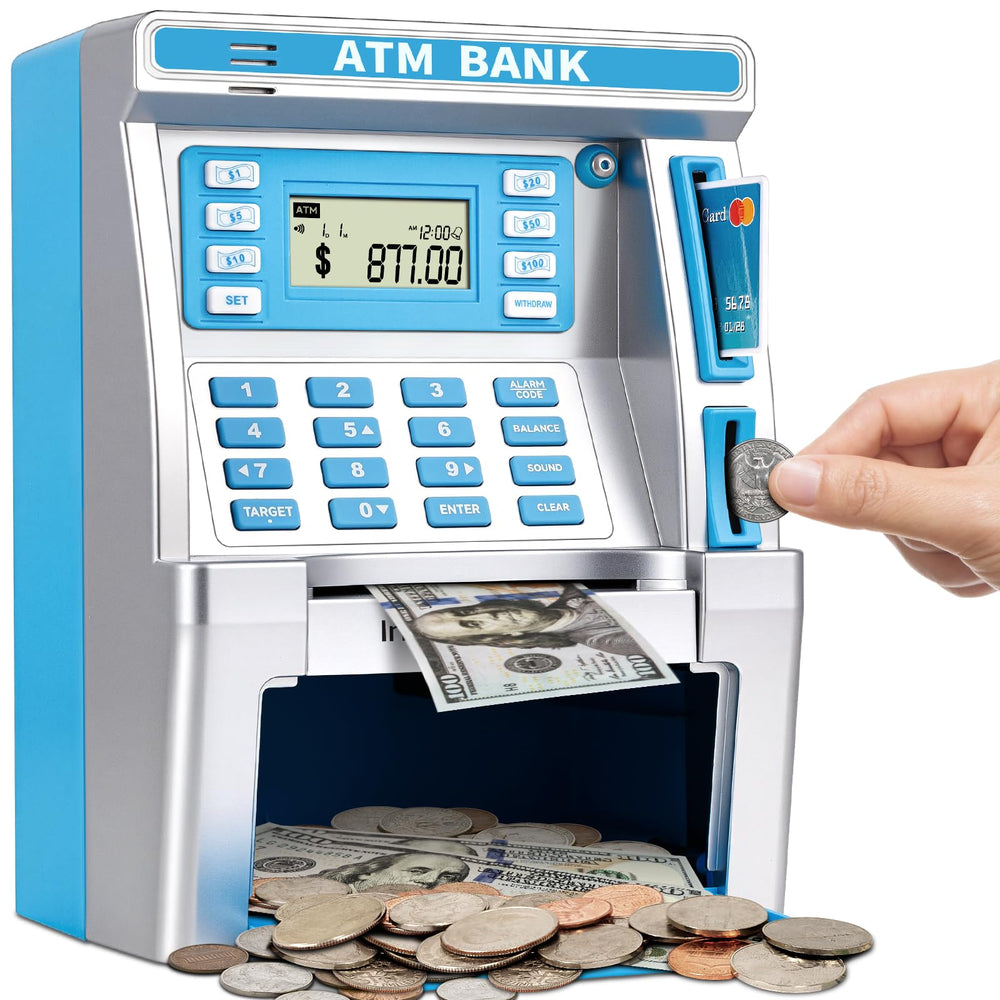 Jyusmile blue piggy bank front view demonstrates a realistic ATM for real money saving.