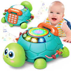 Jyusmile musical turtle crawling toy, front view with lights to attract early movement.