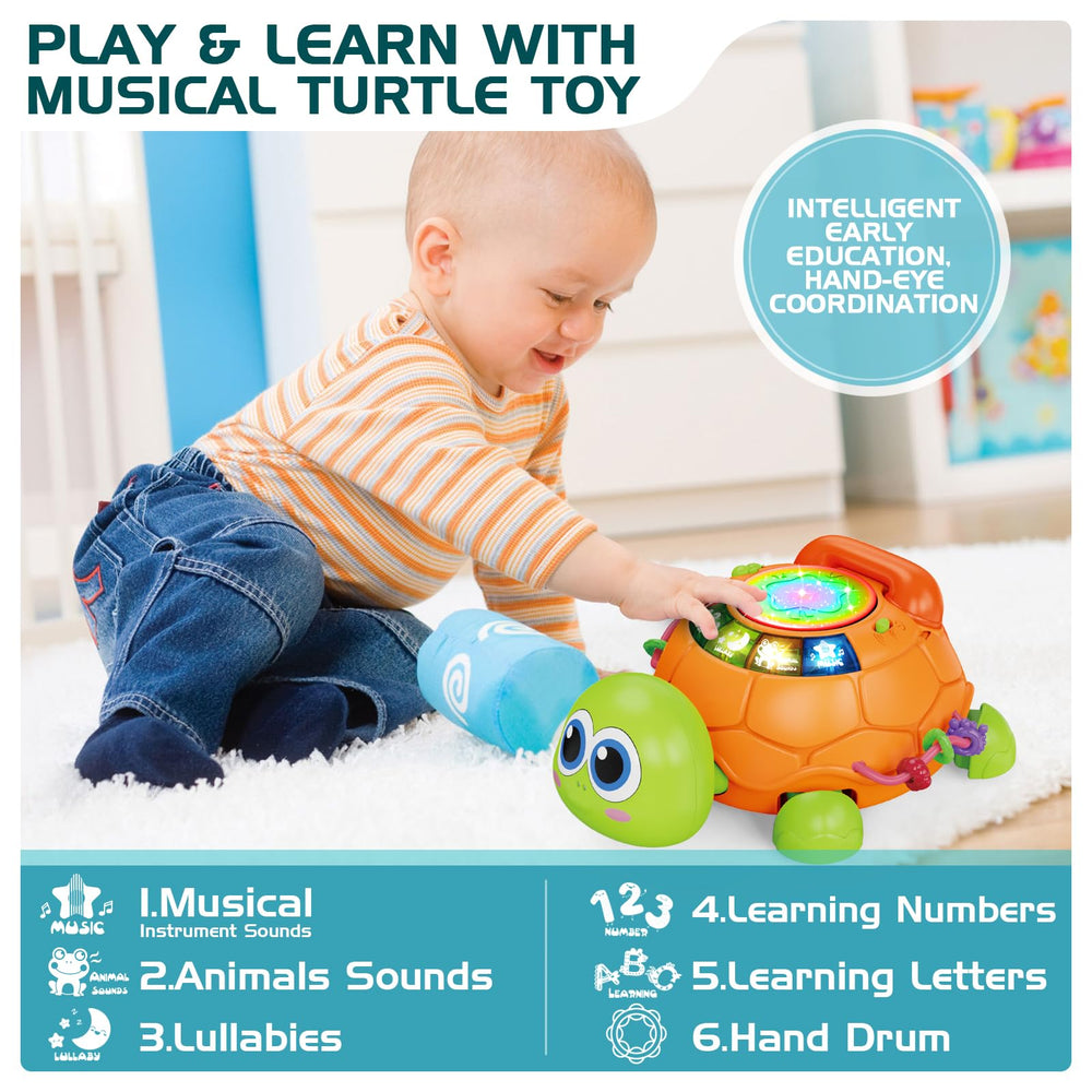 Jyusmile turtle features rotating beads to develop finger dexterity and grip.