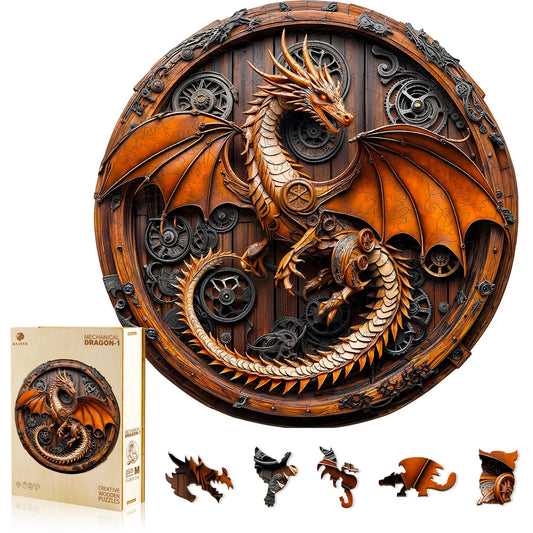KAAYEE 3D dragon puzzle assembly shows turning gears, a captivating desktop centerpiece.