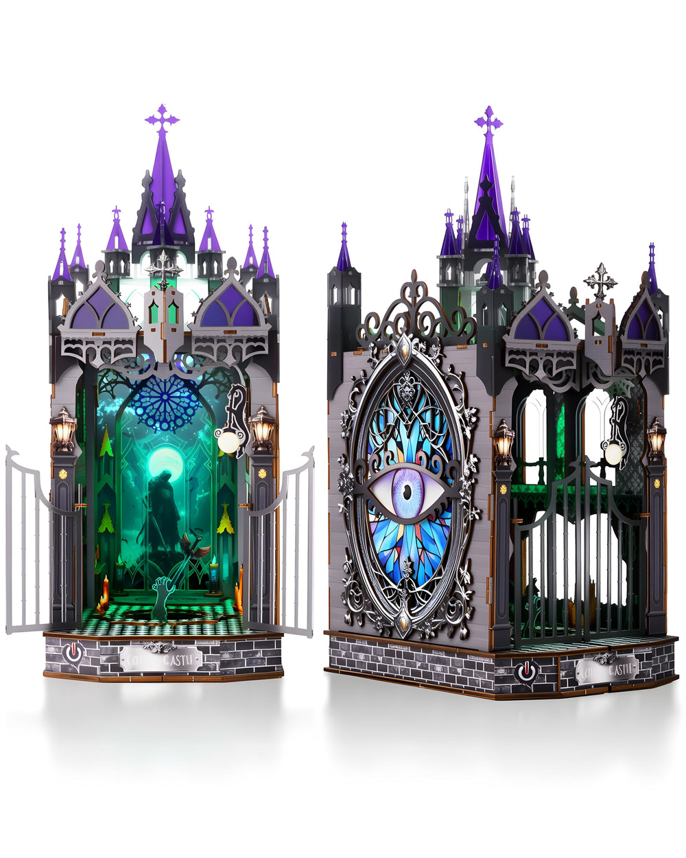KaayeeWood Book Nook Kit showcases Gothic castle detail for enhanced shelf decor