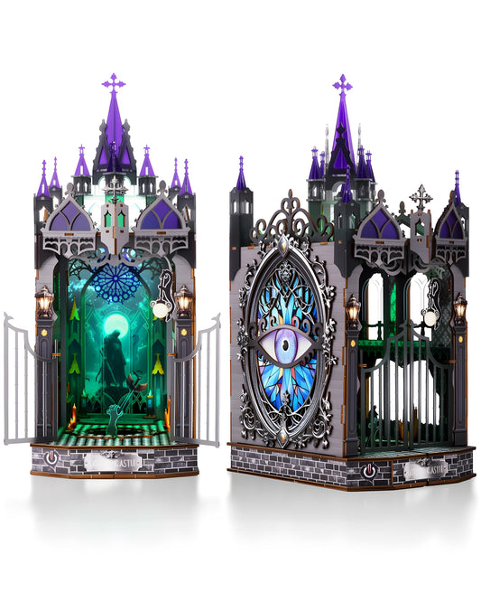 KaayeeWood Book Nook Kit showcases Gothic castle detail for enhanced shelf decor