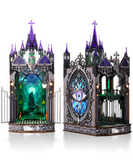 KaayeeWood Book Nook Kit showcases Gothic castle detail for enhanced shelf decor