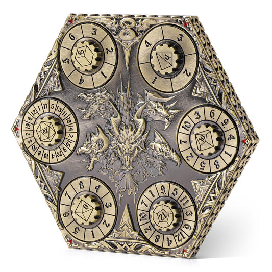 Kabinka bronze dragon Celtic pattern dice close up showing detailed metal craftsmanship