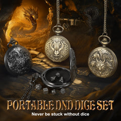 Kabinka DND dice set durable metal shell with secure clasp.