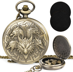 Kabinka DND dice set close-up of pocket watch shell highlighting dragon pattern for on-the-go RPG play.