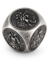 Kabinka spinner dice set in ancient silver showing seven faces for D&D.