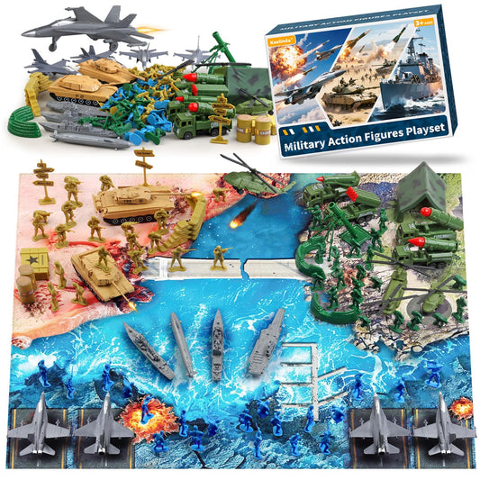 Kaelinda army men figures on carpet for imaginative battles and color-coded play.