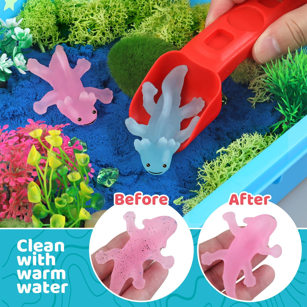 Kaelinda axolotl world building with colorful sand and plants