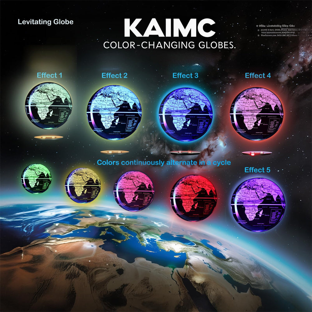 KAIMC levitating-world-globe gently rotates with color-changing LEDs for ambient lighting and intrigue.