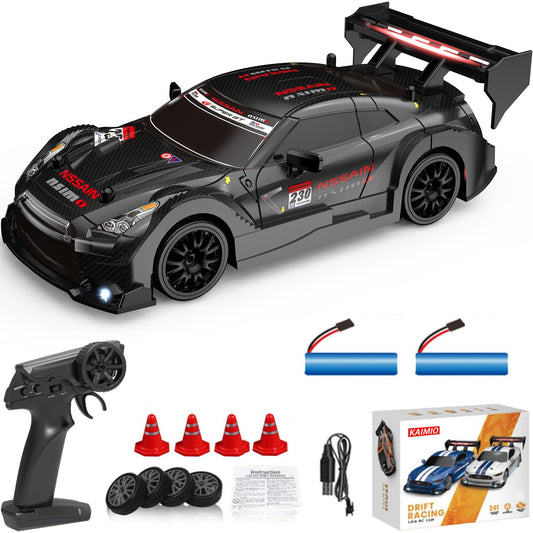 KAIMIO 1:24 scale RC drift car front view with LED lights for night driving.