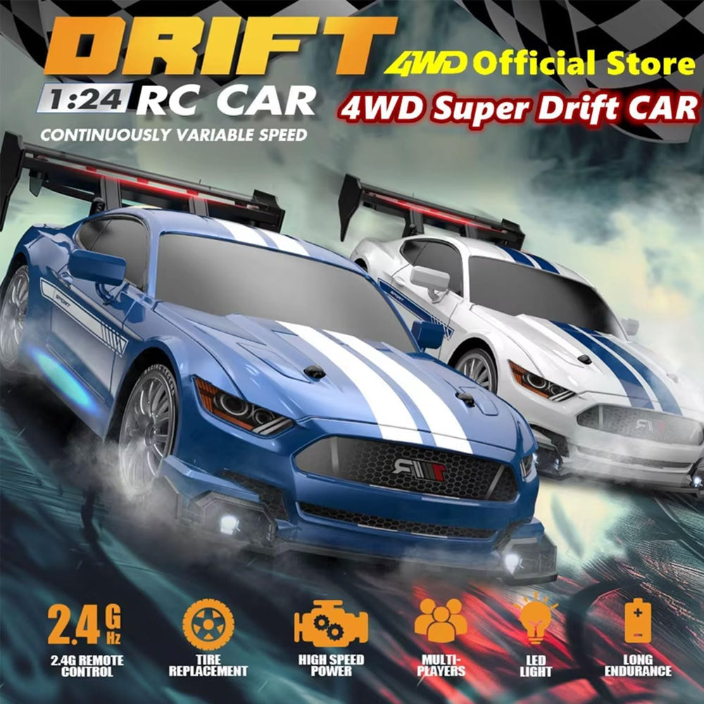 KAIMIO 1:24-scale RC drift car side view emphasizes dynamic motion and grip.