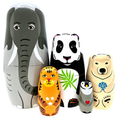 Kakeah long-nosed elephant nesting dolls outer view highlights hand-painted craft for display.