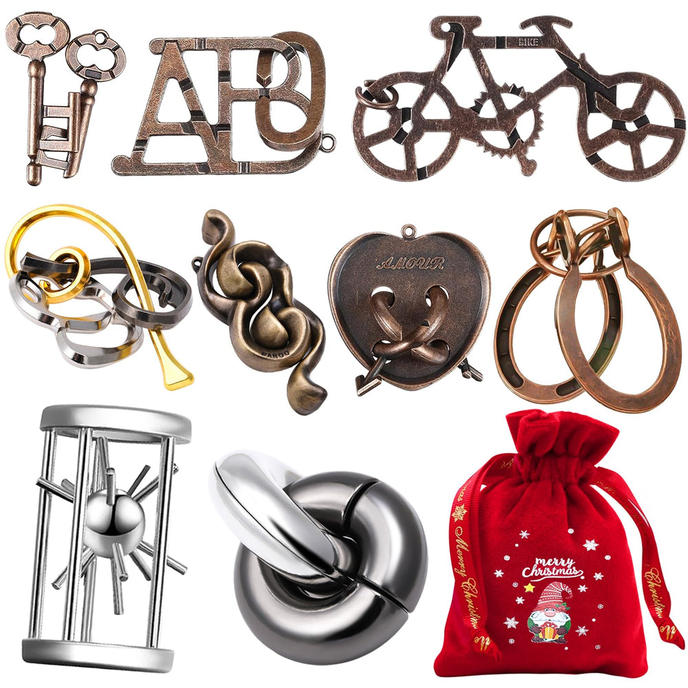 KaKeDuJa 9pcs brain teaser puzzles front view showing varied metal pieces with appeal for focus