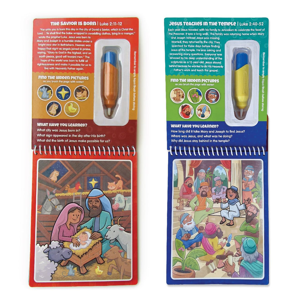 KangaToys New Testament Color with Water book open for quiet learning.