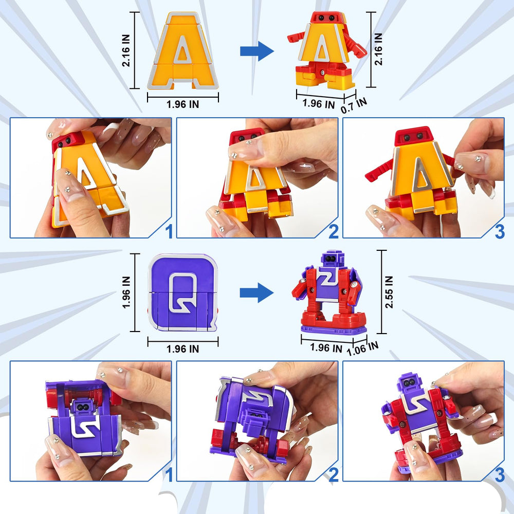 Kannove Alphabots three-mega-robots in one set demonstrates letter cluster collaboration.