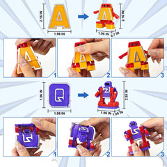 Kannove Alphabots three-mega-robots in one set demonstrates letter cluster collaboration.