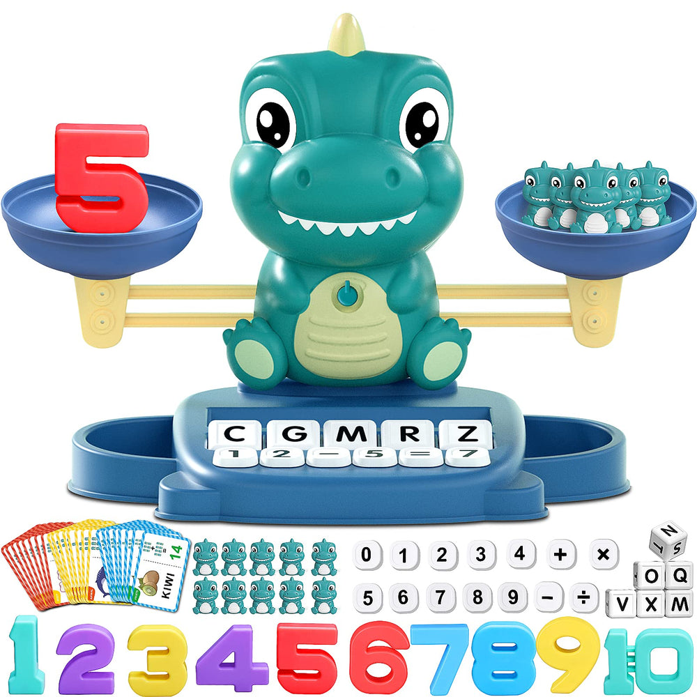 Kaodezhu Dinosaur Balance Toy close up showing balance scale and trays for early math exploration