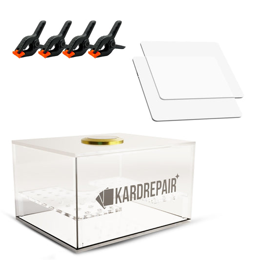 Kardrepair TCG Humidor Kit setup with acrylic flattening plates for safe restoration.