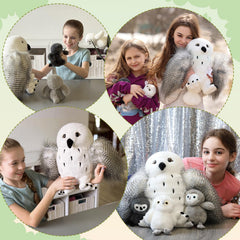 Karister owl plush close-up highlights soft fabric for cuddling.
