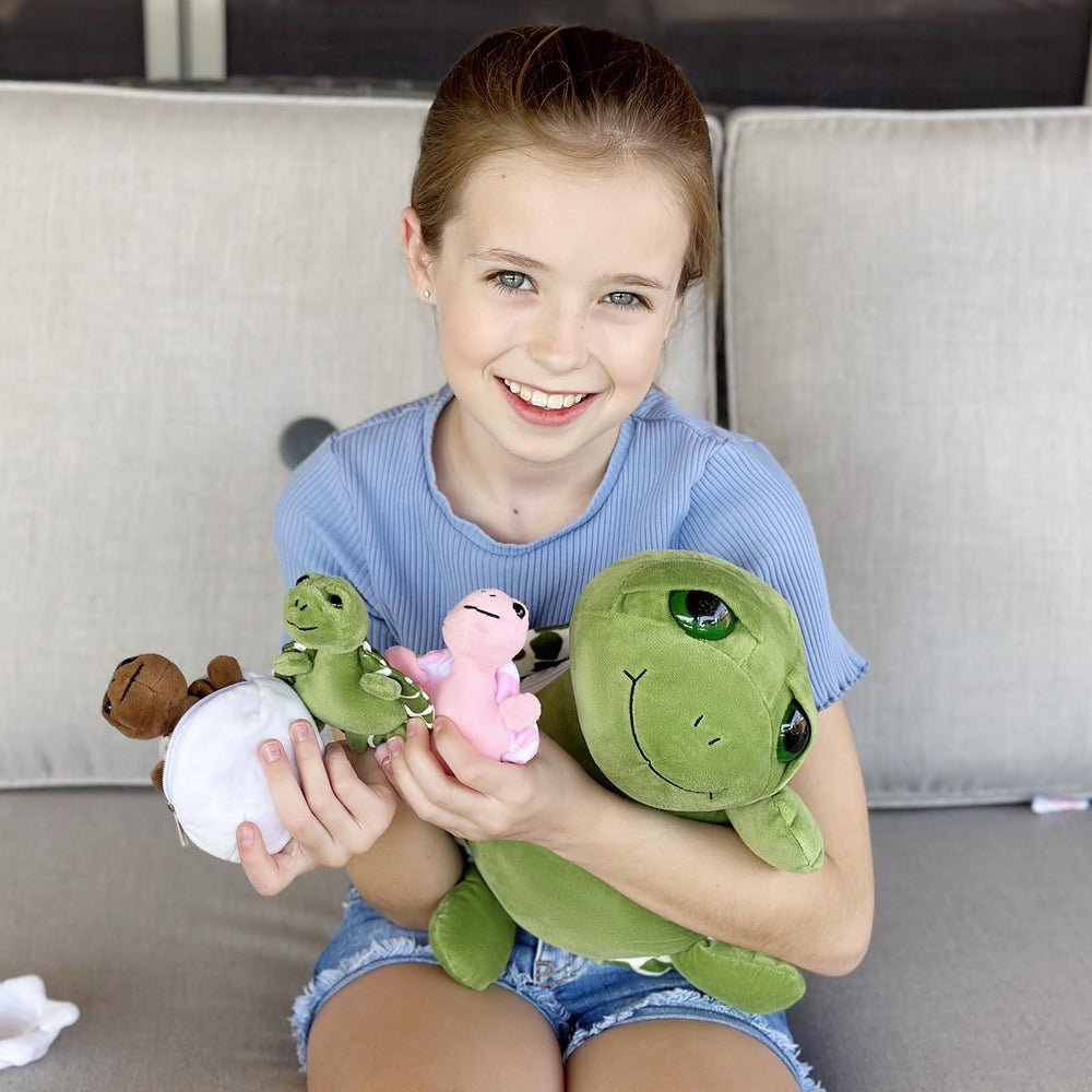 Display of all six Karister turtle plush toys arranged together