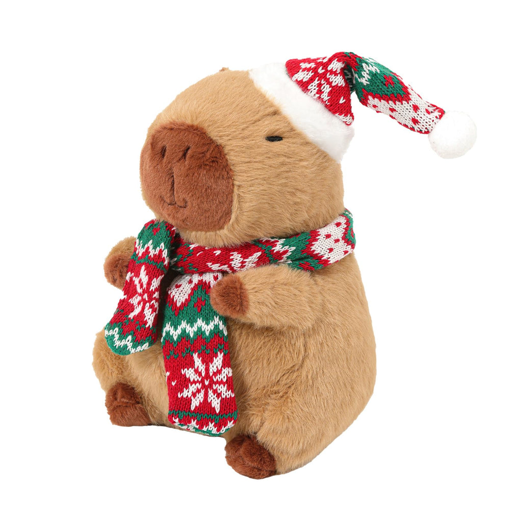 Karoeiwa capybara plush with Santa hat, cozy holiday cuddle buddy for kids.