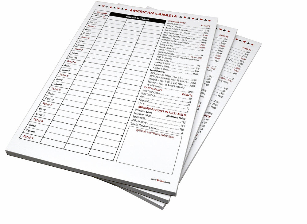 Close-up of Kartego score pads with red and black ink for readability.