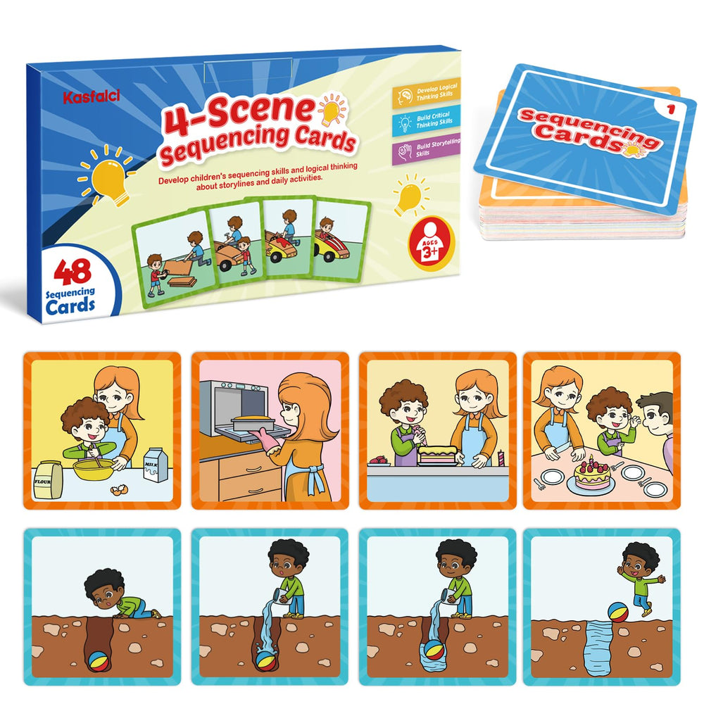 Kasfalci sequencing cards set of 48 offers twelve story sequences with colorful illustrations for playful learning.