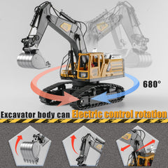 KASQERT 1:14 RC excavator toy lights and sound amplify action on construction sets.