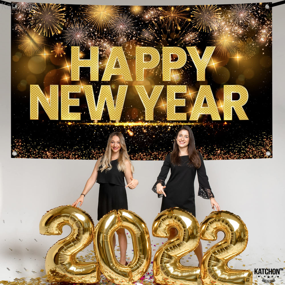 KatchOn 72x44 NYE backdrop with gold lettering for elegant celebrations.