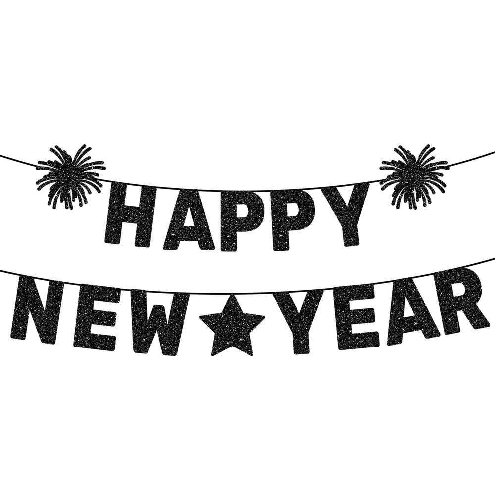 KatchOn Glitter Happy New Year Banner Black, 10ft, prominent NYE decor focal point