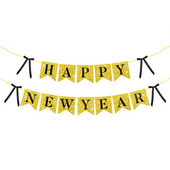 KatchOn Gold Happy New Year banner pennants draped to create a festive NYE backdrop.