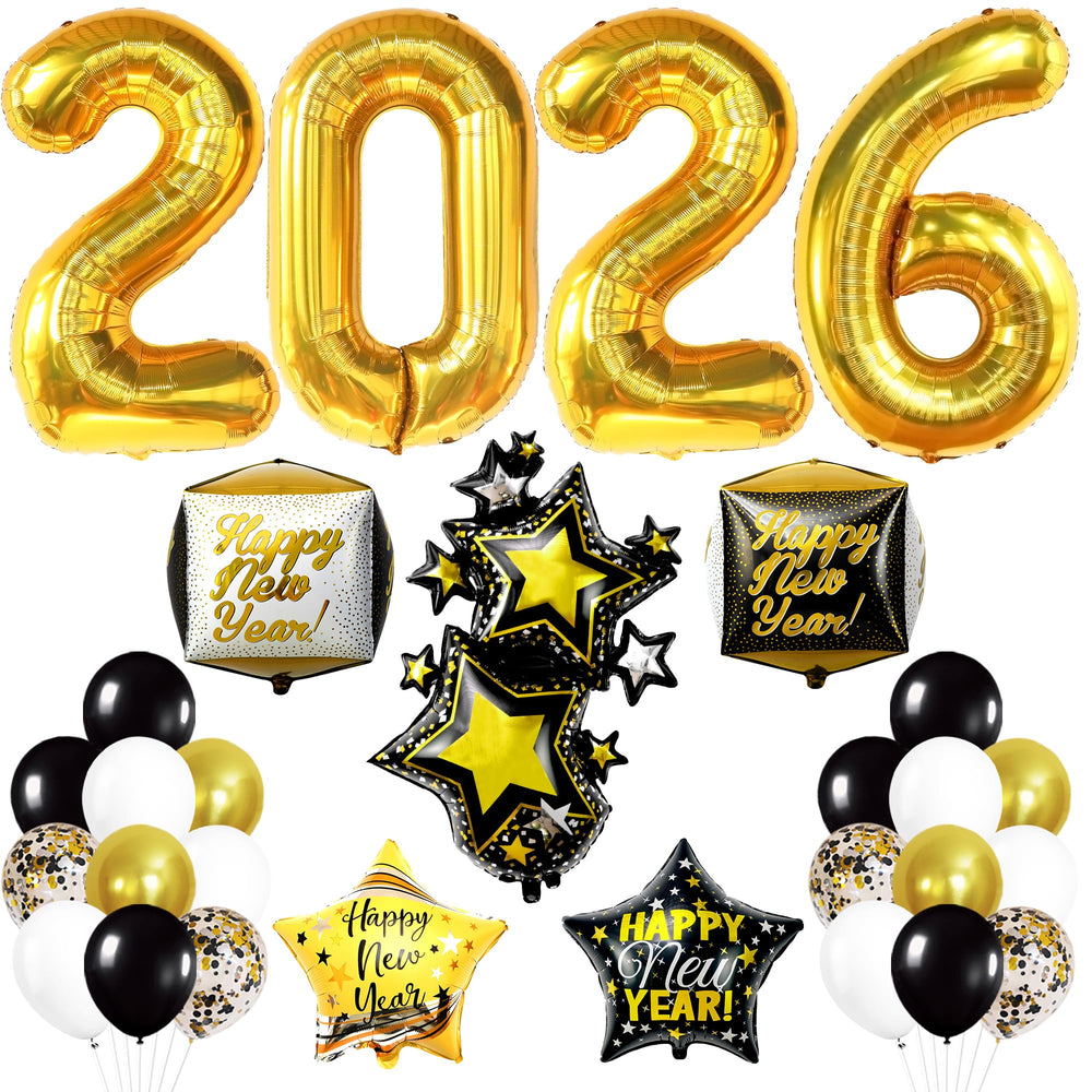 KatchOn 2026 number balloons in gold and black for a dramatic NYE centerpiece.